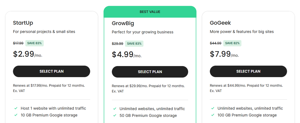 SiteGround hosting pricing plans