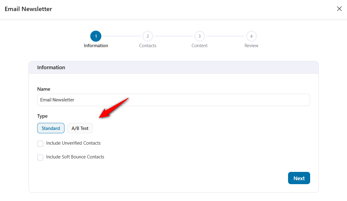 choose the type of woocommerce email newsletter you want to send: standard or a/b test