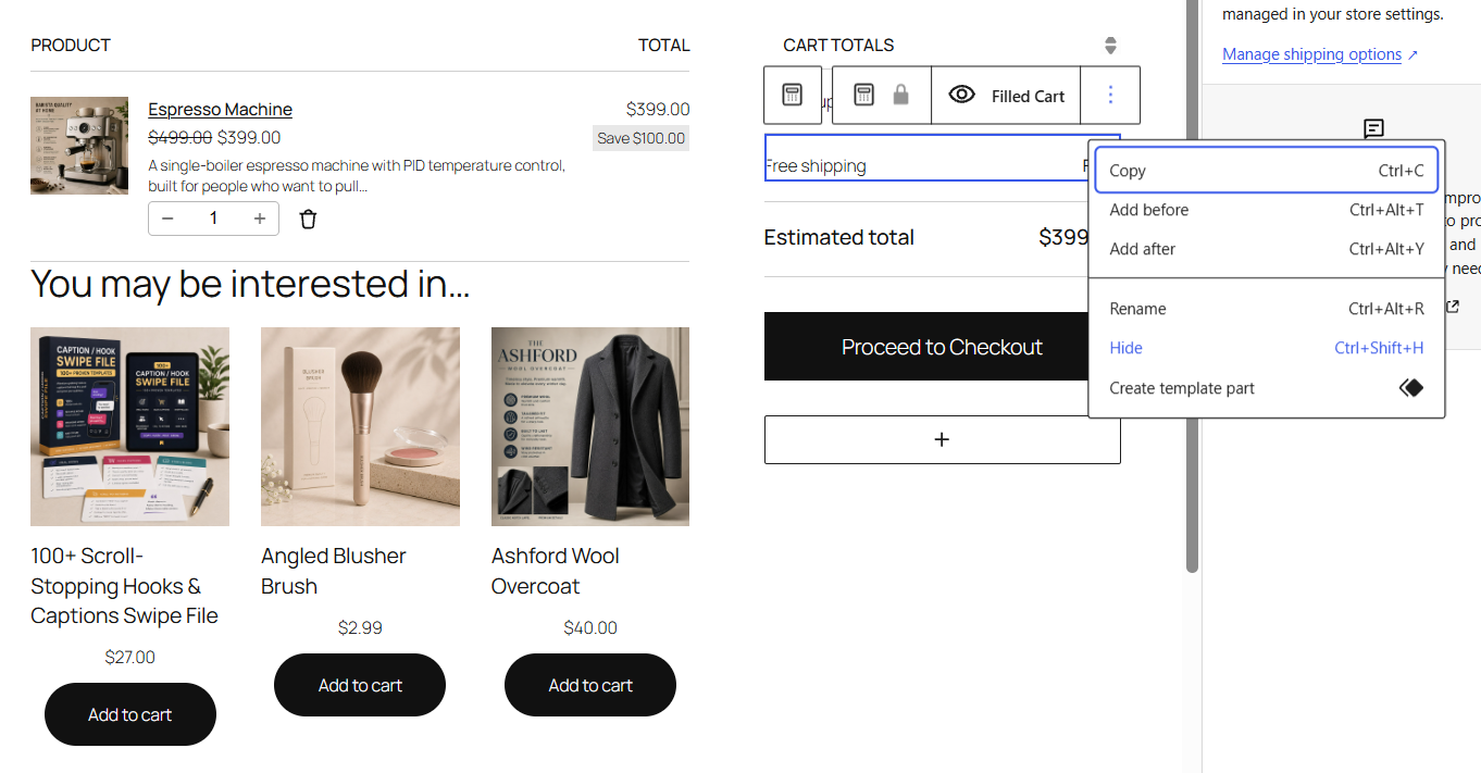 Select Cart Order Summary, then the Shipping inner block. The sidebar gives you a toggle for the shipping calculator, so you can turn it on or off.