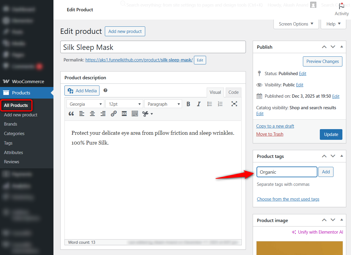 Add tags to woocommerce product when editing an item