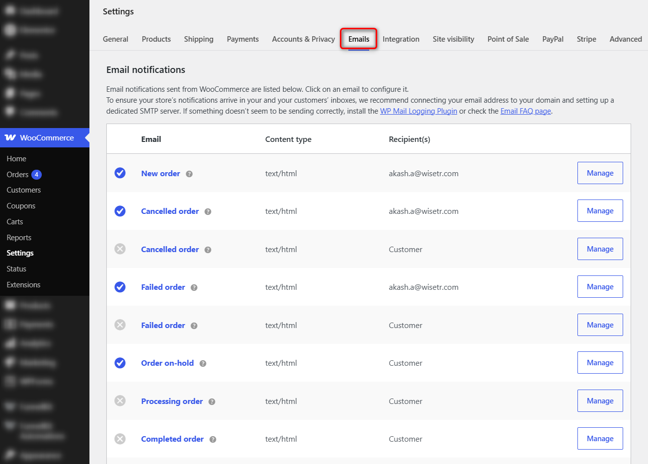 WooCommerce email notification list showing every default email and its Manage button