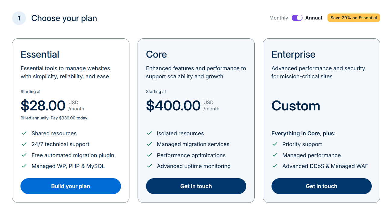 WP Engine hosting pricing plans