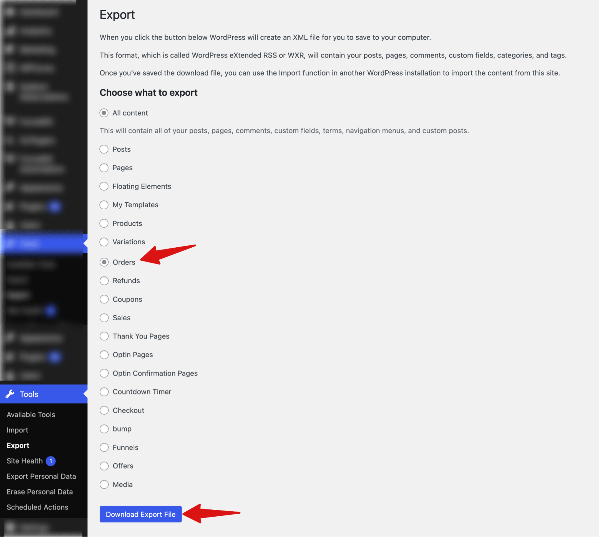 Export WooCommerce orders as an XML WXR file for site migration using WordPress Tools