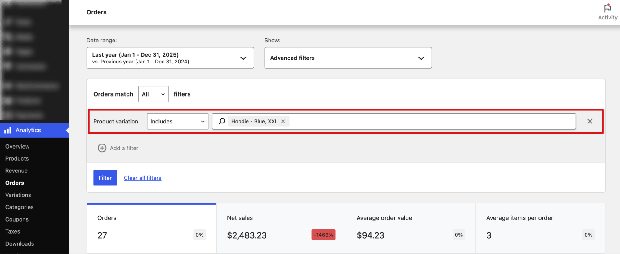 Export WooCommerce orders containing a specific product variation
