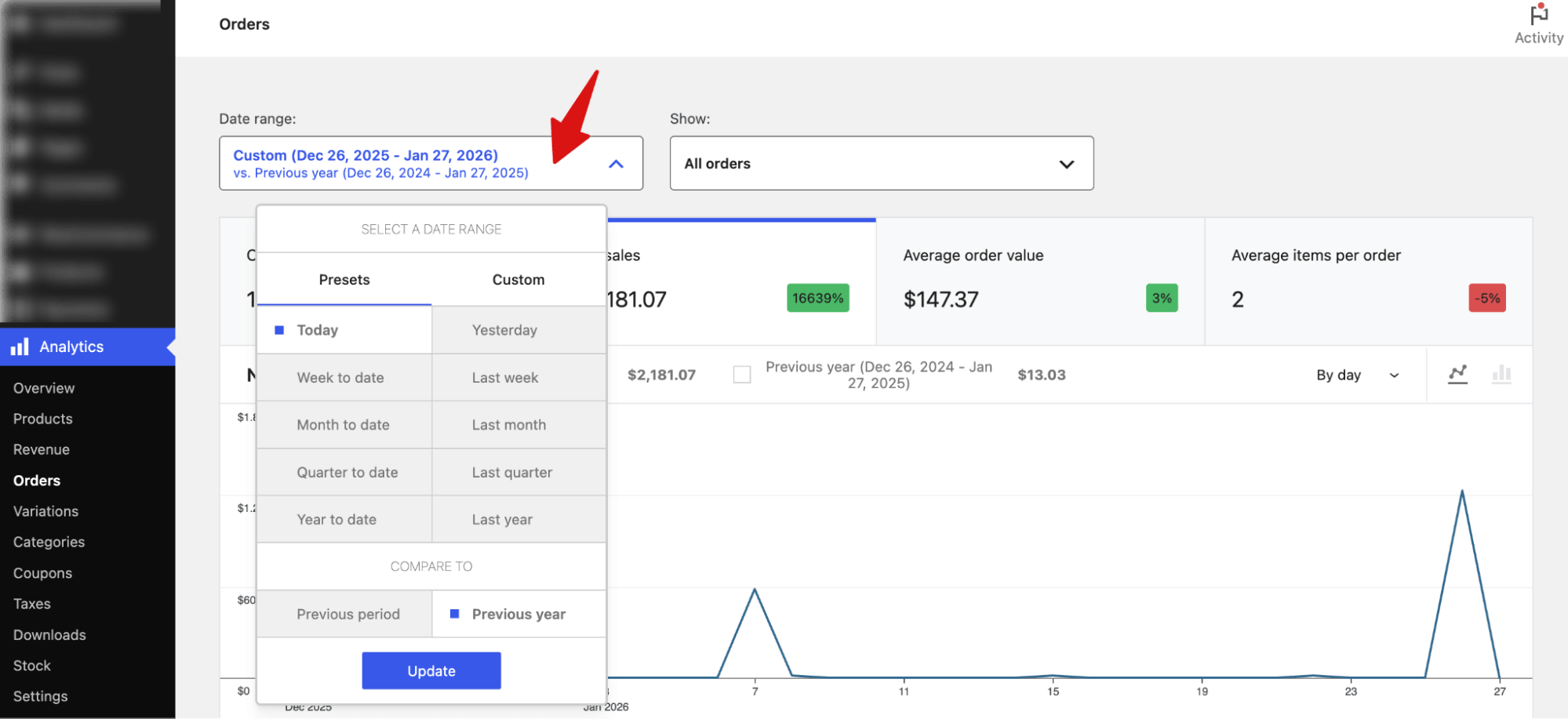 Select a custom date range to export WooCommerce orders for a specific time period