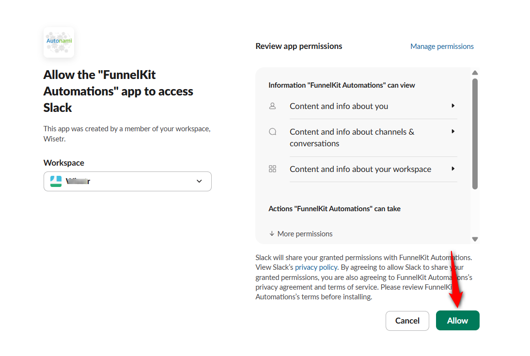 Log in to your slack account and click allow to give permissions for woocommerce slack integration
