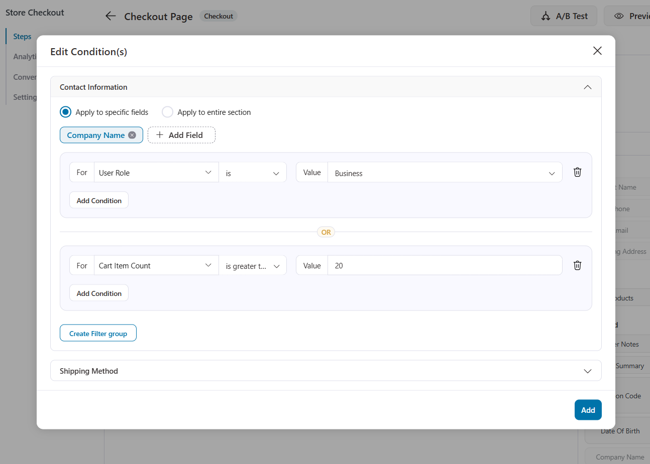 And or condition for woocommerce checkout fields