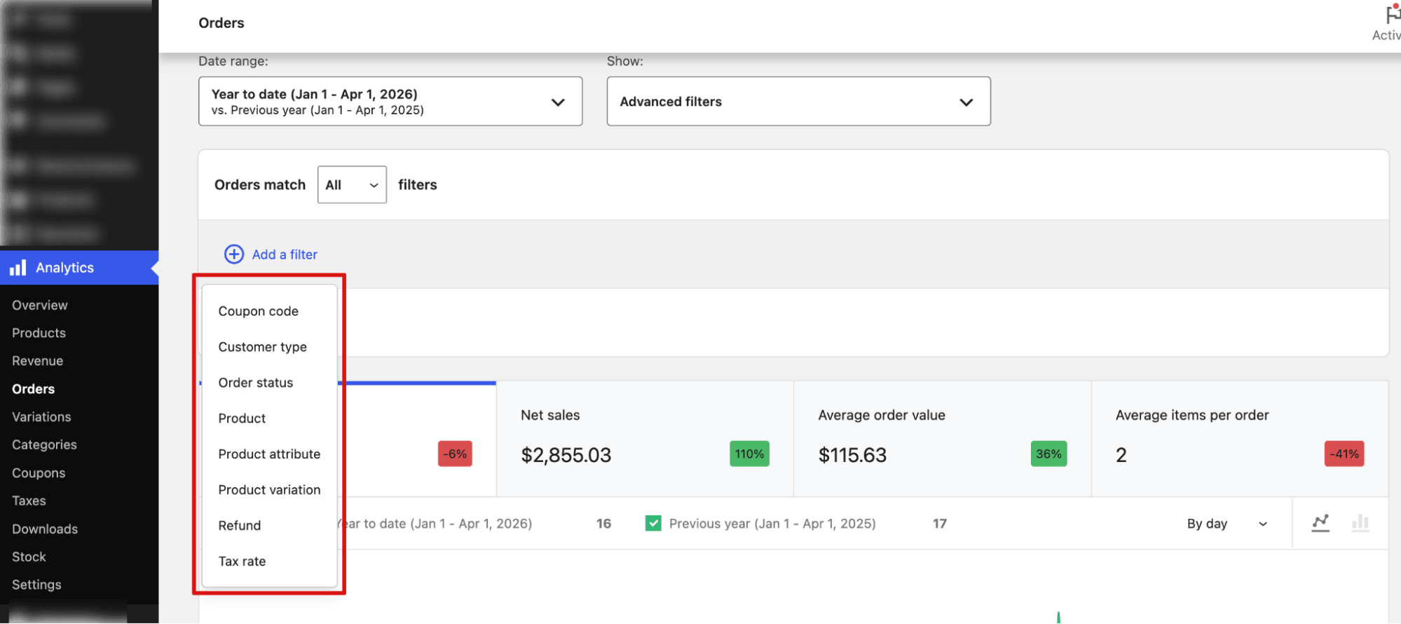 Available filter conditions for exporting WooCommerce orders including status, product, refund, and tax rate
