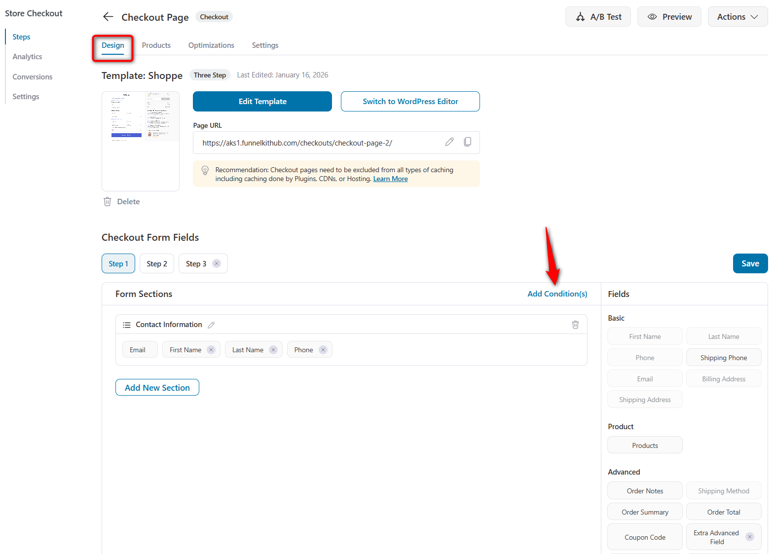click on add condition(s) under the design tab to edit checkout page form - funnelkit funnel builder 3.15.0
