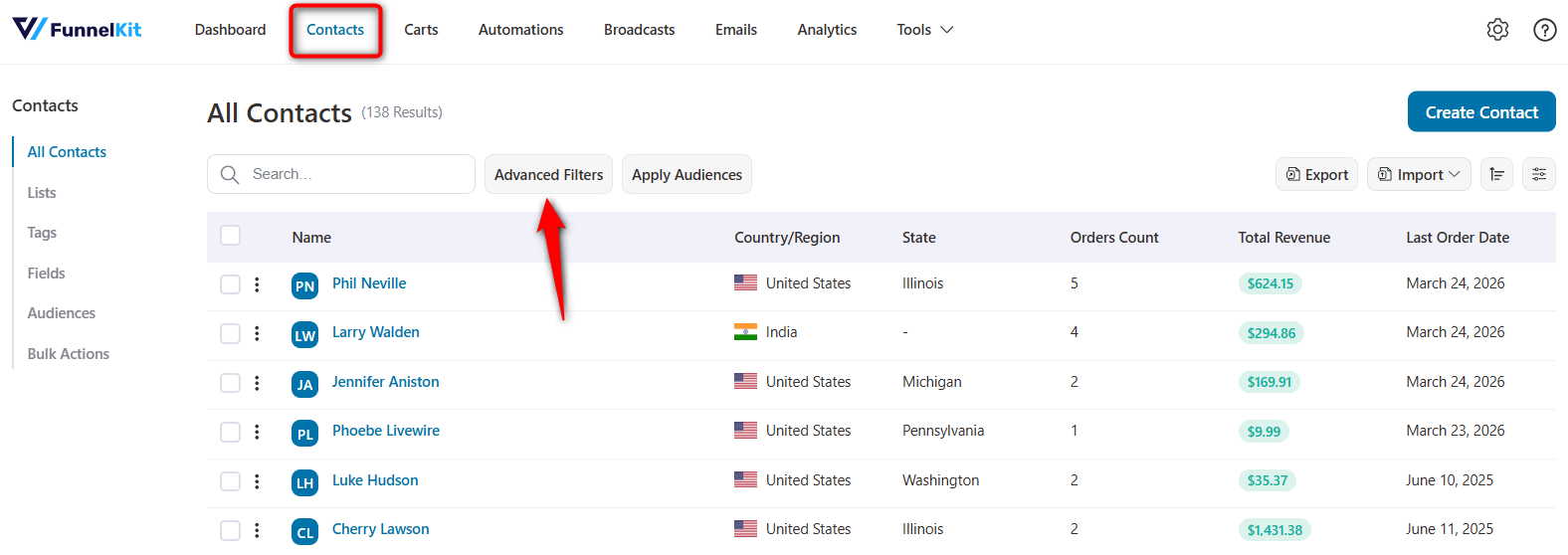 click on advanced filters inside contacts 