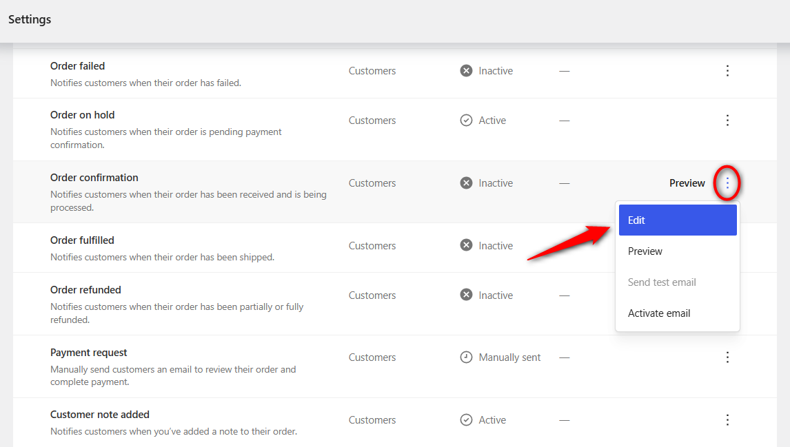 Open the Actions menu for order confirmation and select Edit. 