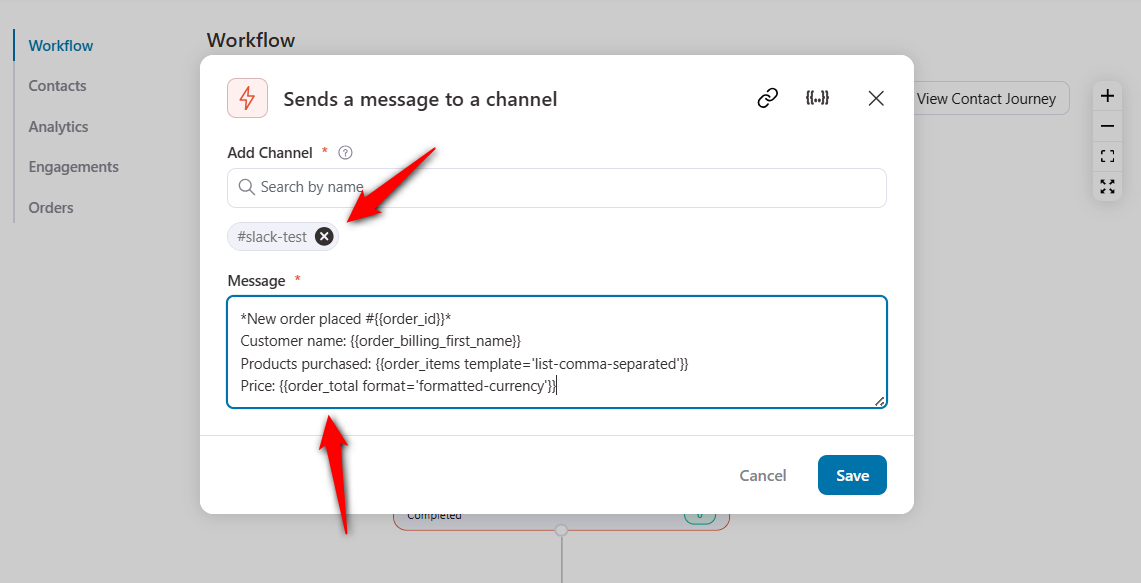enter the slack channel and automated message - personalize it with dynamic merge tags for woocommerce slack integration