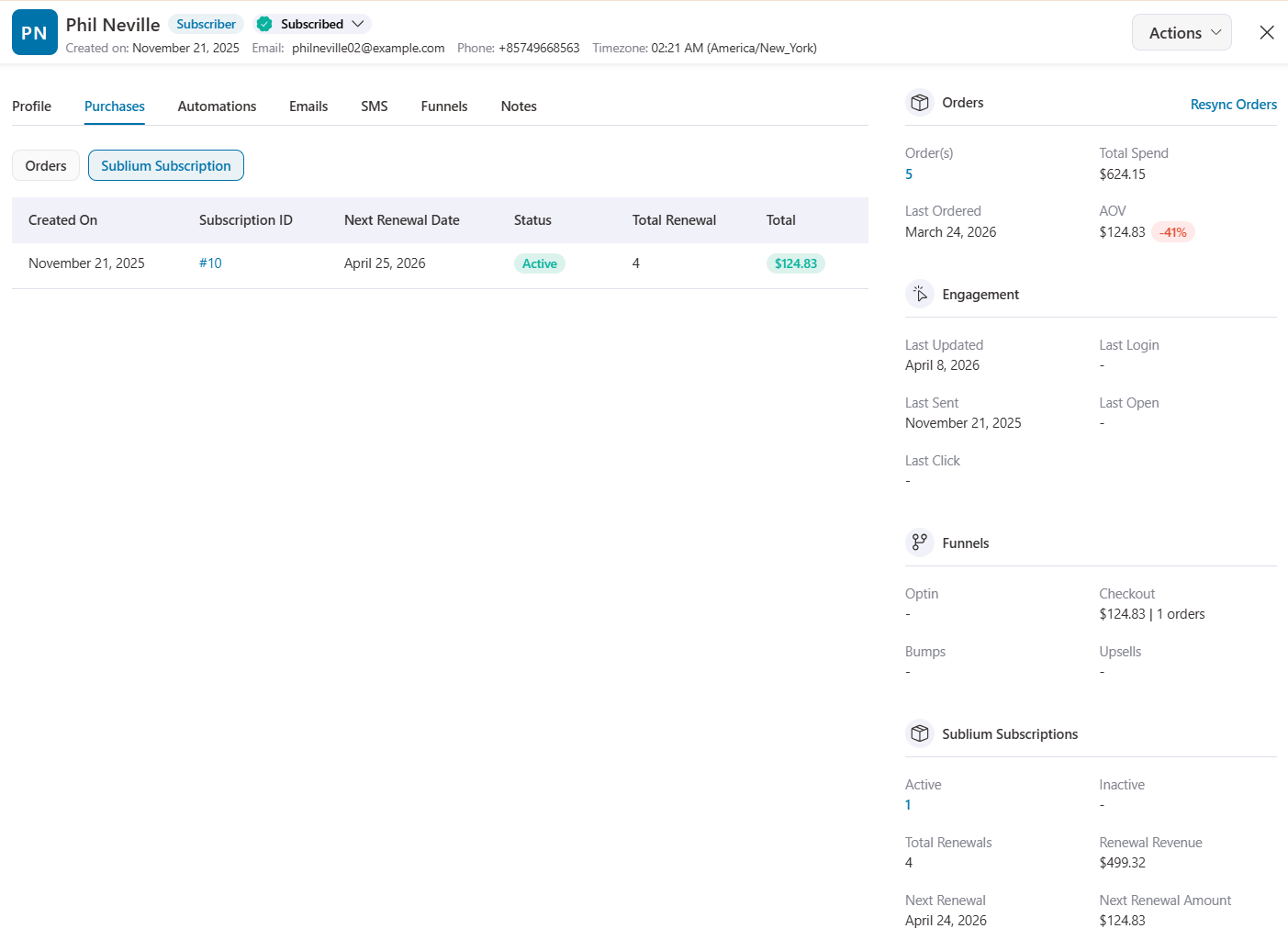 detailed contact profile that highlighted subscription purchases from sublium 