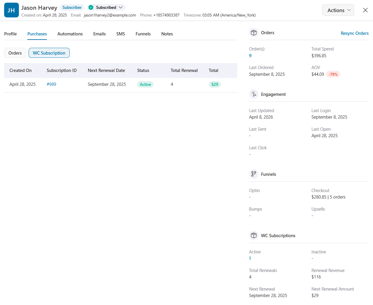 detailed contact profile that highlighted subscription purchases from woocommerce subscriptions