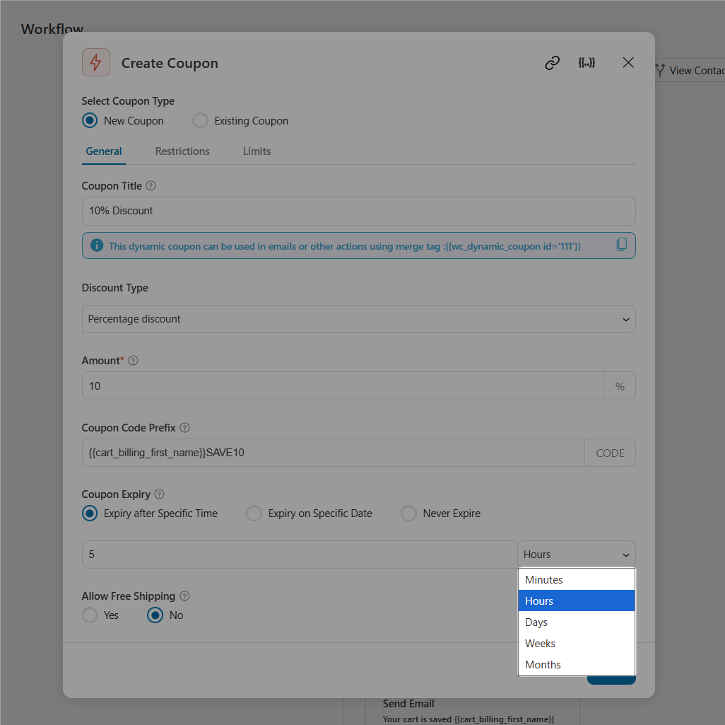 custom coupon expiry time in funnelkit automations 3.8.0
