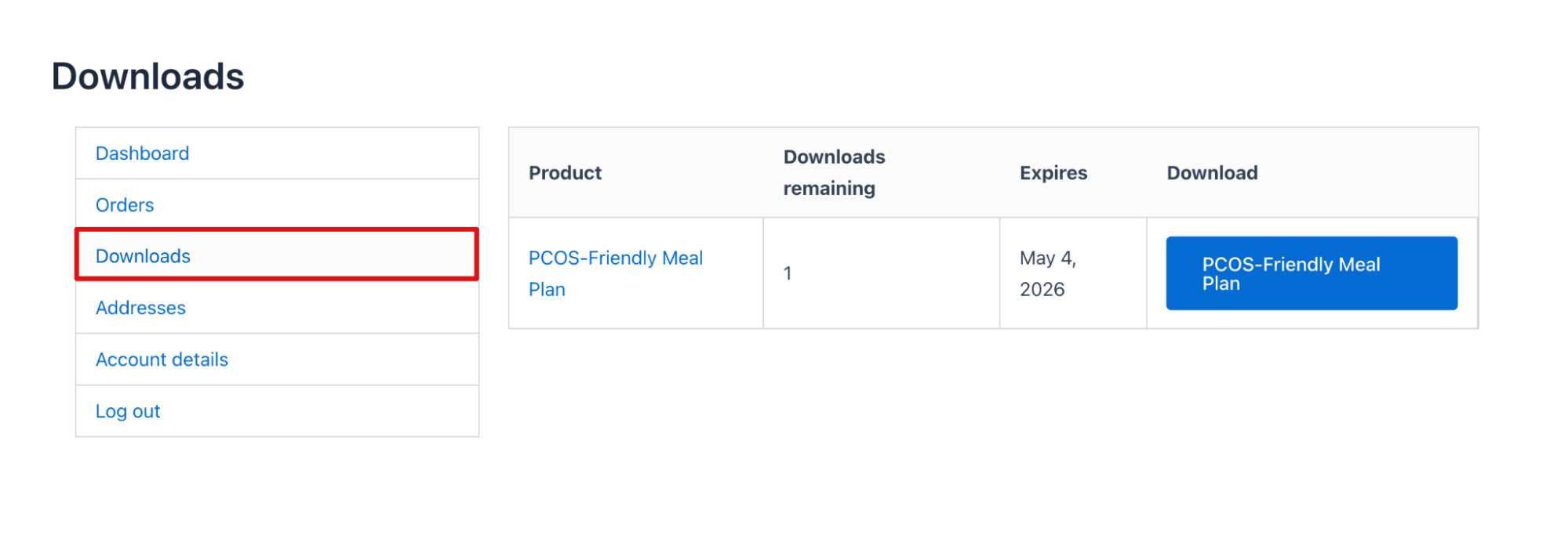 downloads in WooCommerce my account page