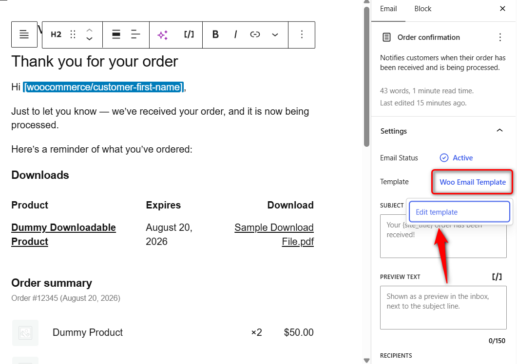 To change the header, footer, and frame around every email, select the template area on the canvas and choose Edit template. 