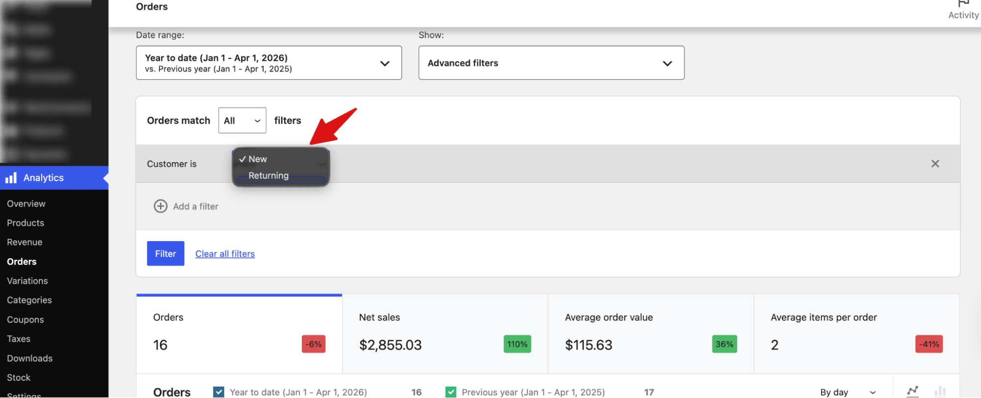 Export WooCommerce orders filtered by new or returning customer type