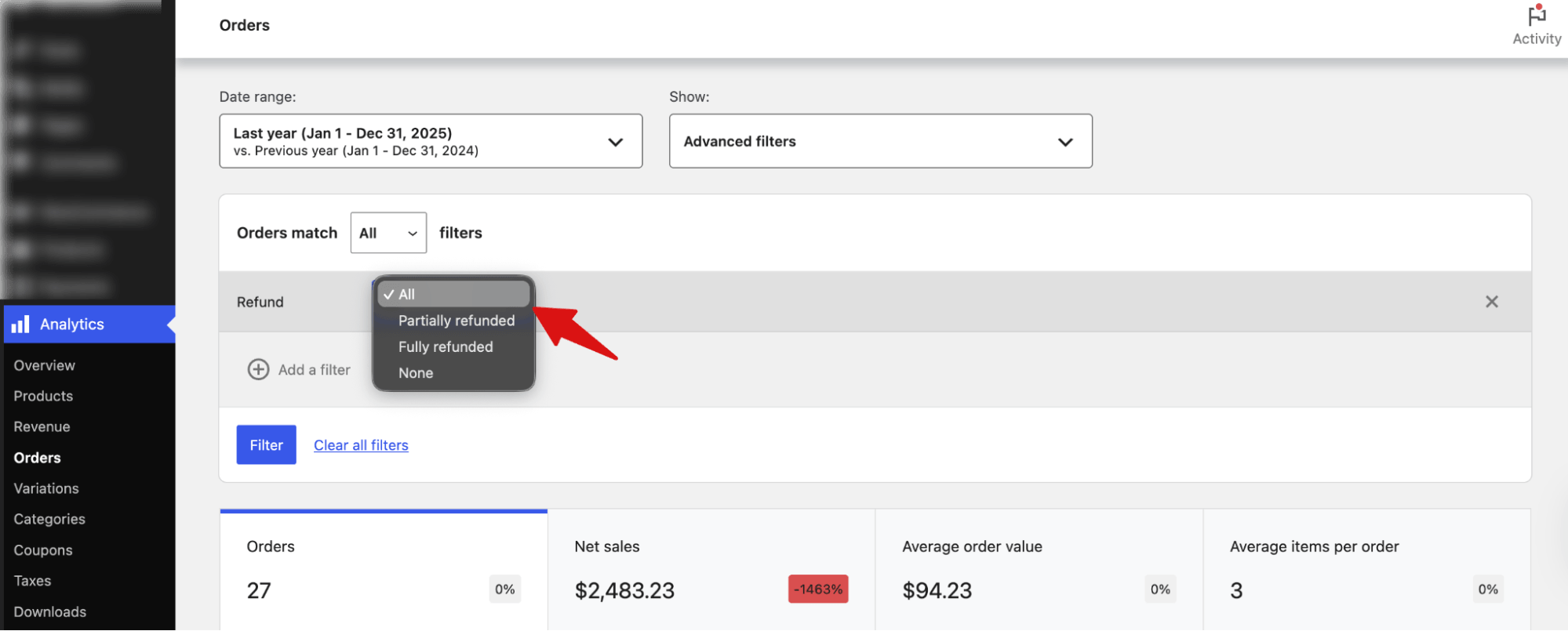 Export WooCommerce orders filtered by refund status: partially refunded, fully refunded, or all