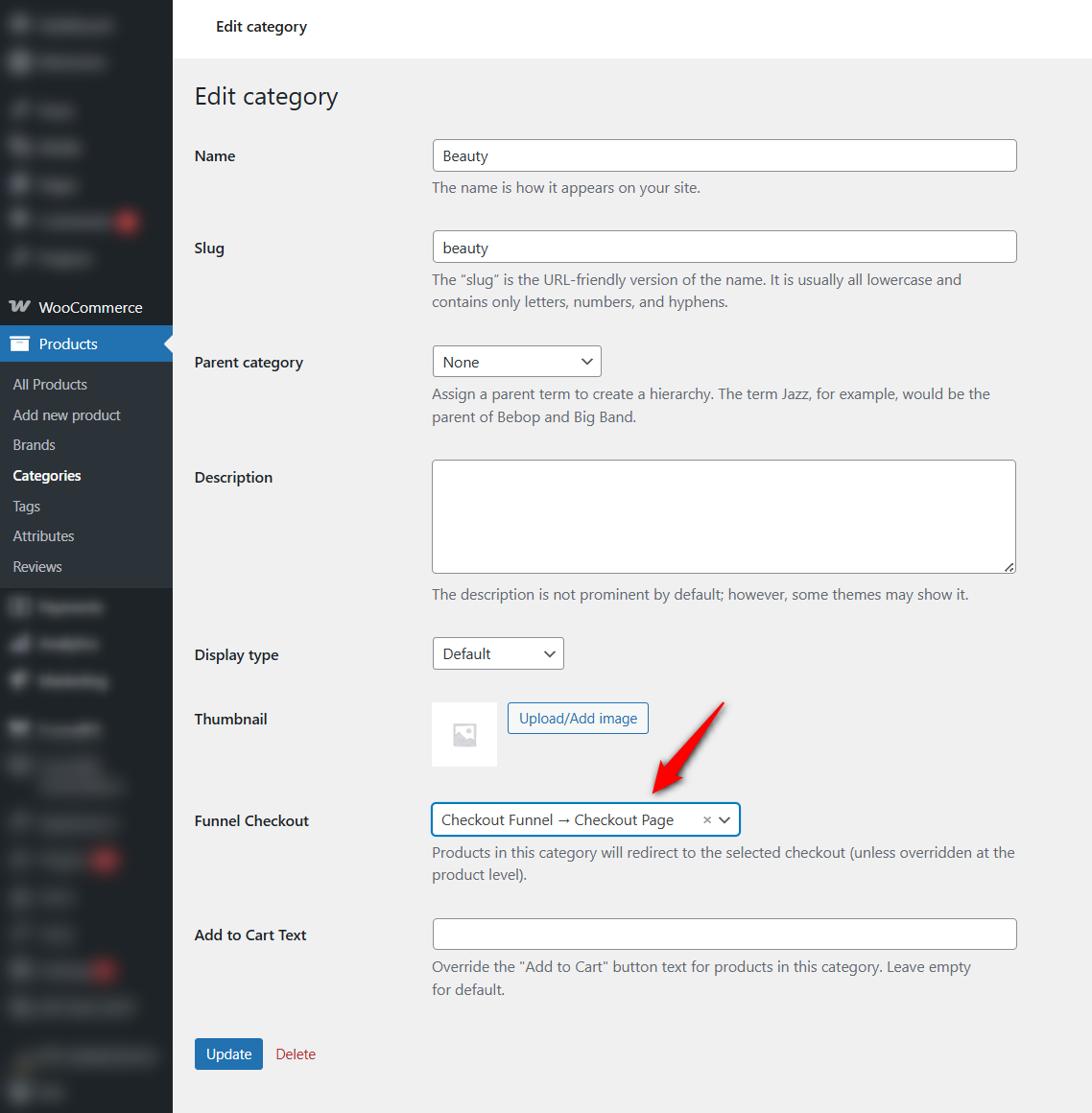 Setting up product checkout redirect at the category level