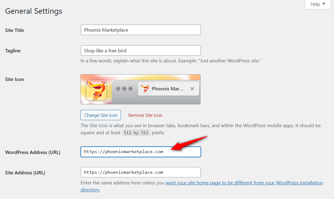 configure general wordpress settings for address url