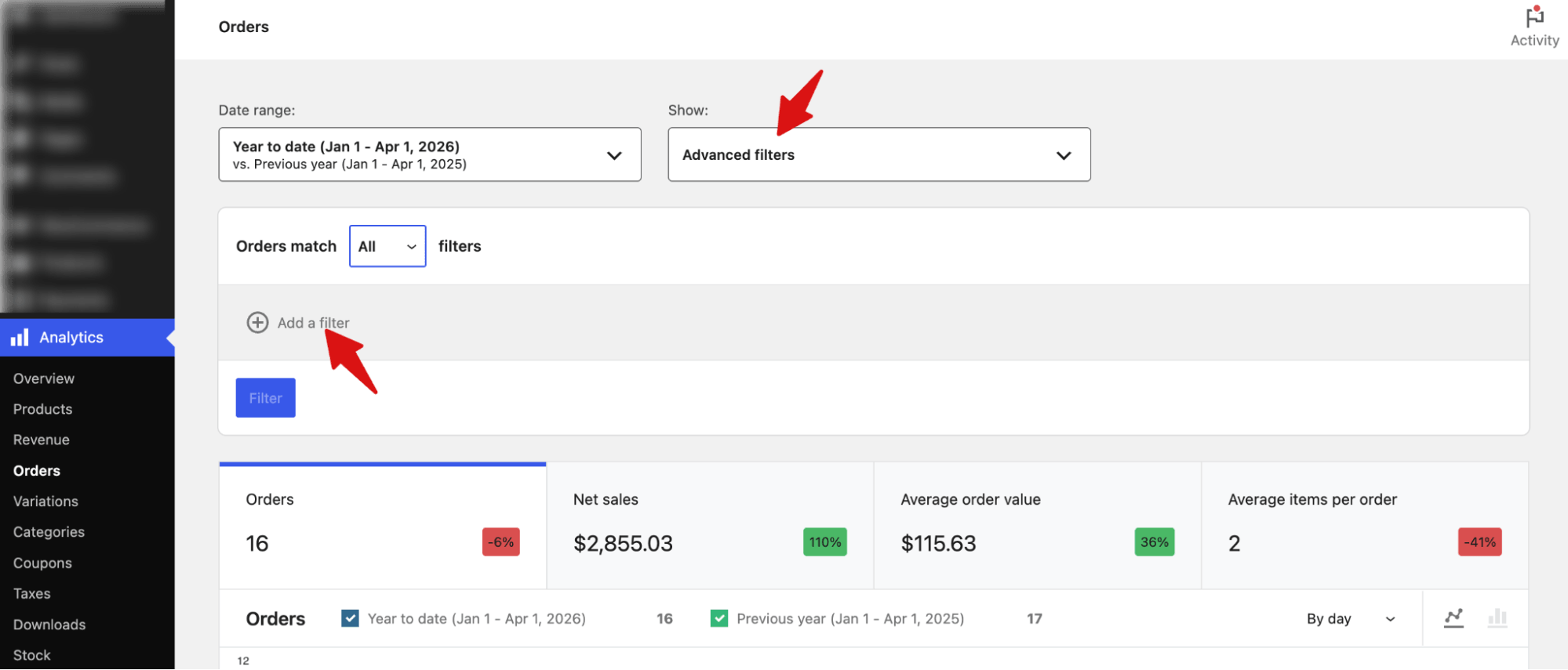 Add a filter in WooCommerce Analytics to export orders based on specific conditions