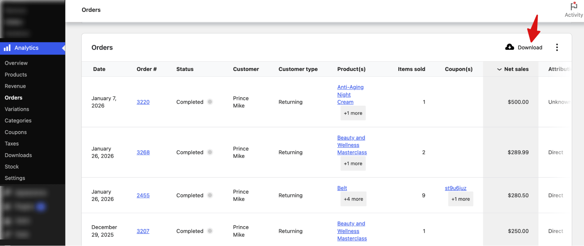 Click the Download button to export all WooCommerce orders as a CSV file