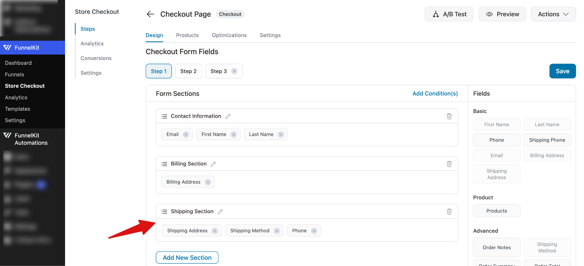 Checkout form editor showing the shipping section being added as a conditional section in FunnelKit Checkout