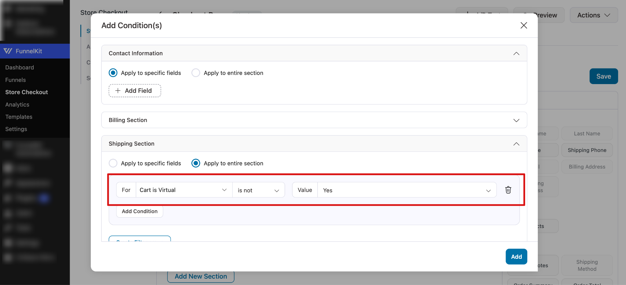 Cart condition setup showing Cart Category set to Not Virtual so the section displays only for physical products