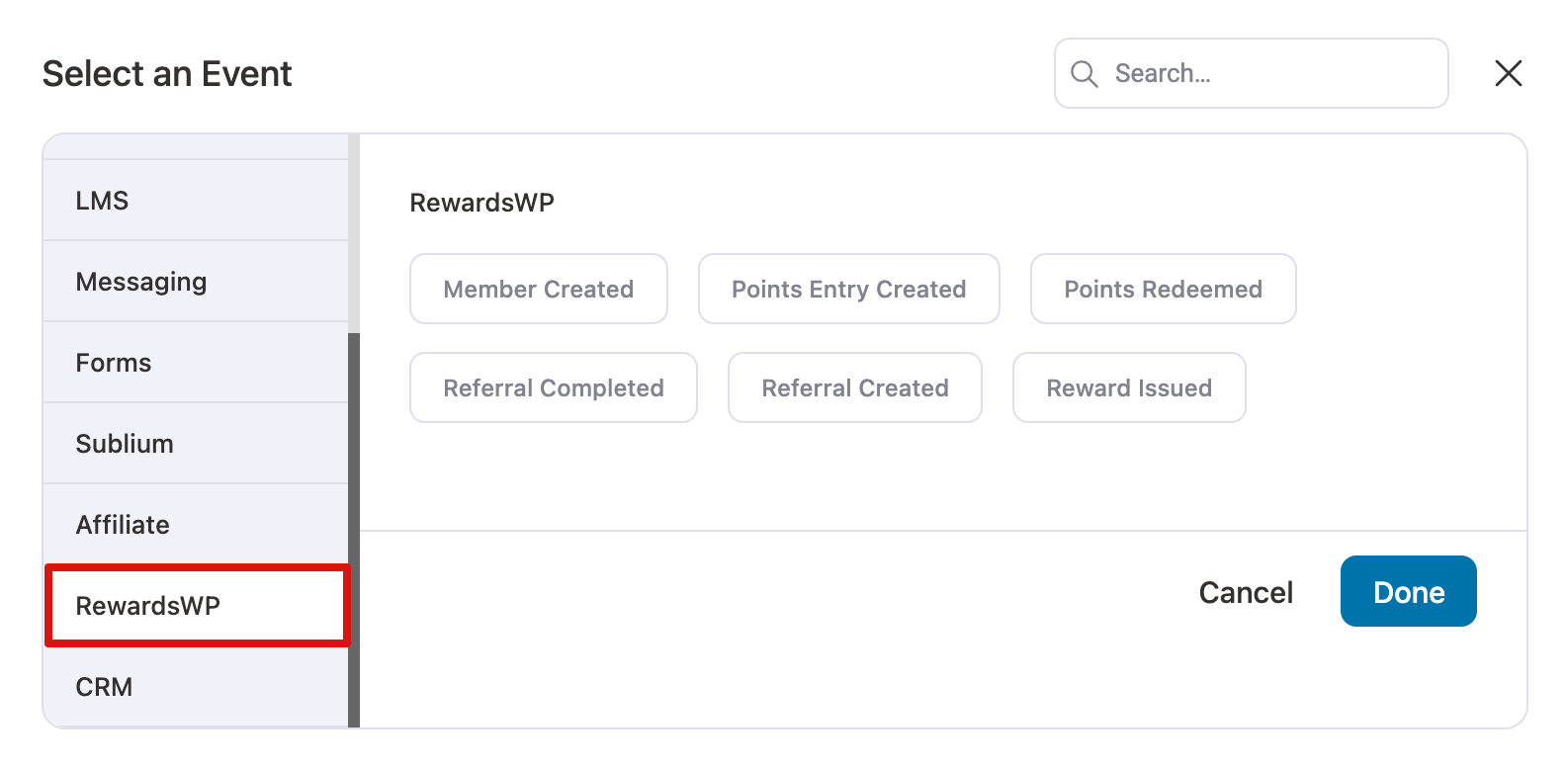 Overview of RewardsWP events including member creation, points activity, referrals, and reward issuance triggers
