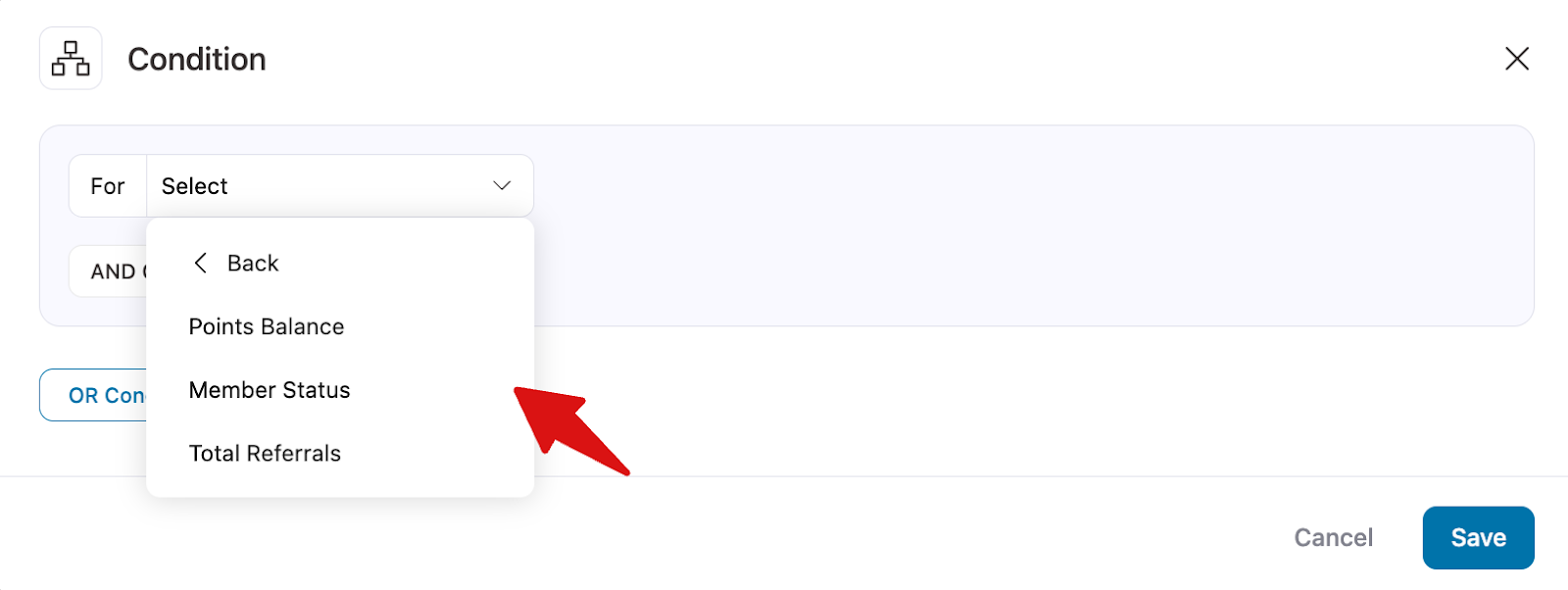 RewardsWP condition rules for filtering based on points balance, member status, and referral counts