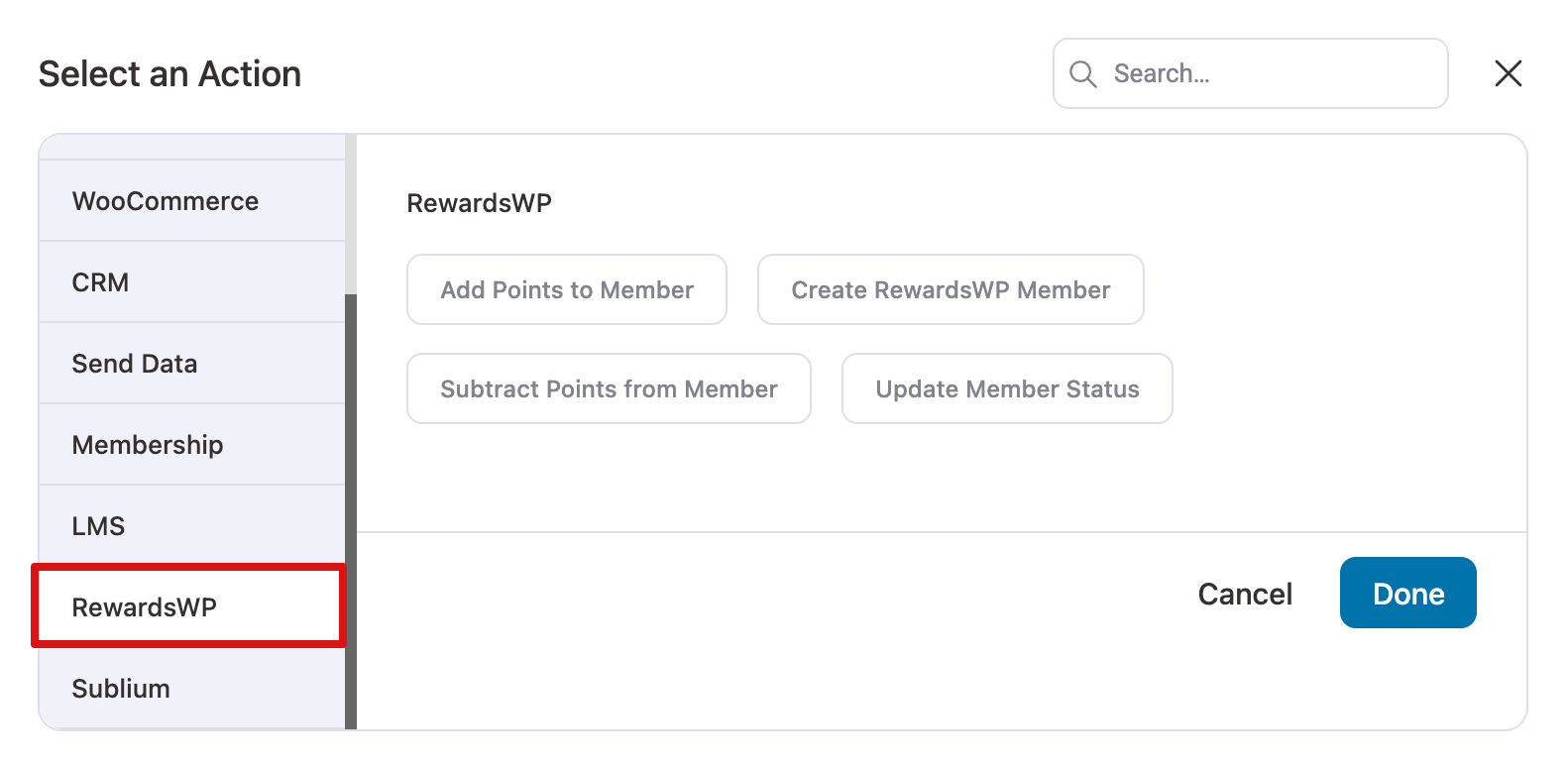 List of RewardsWP actions in FunnelKit Automations including adding points, subtracting points, creating members, and updating status