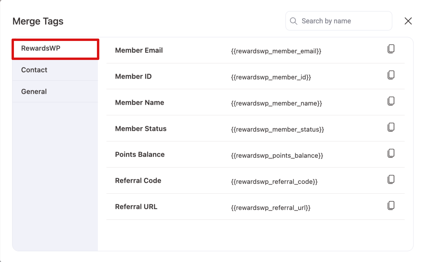 RewardsWP merge tags used for personalization including member details, points, and referral information