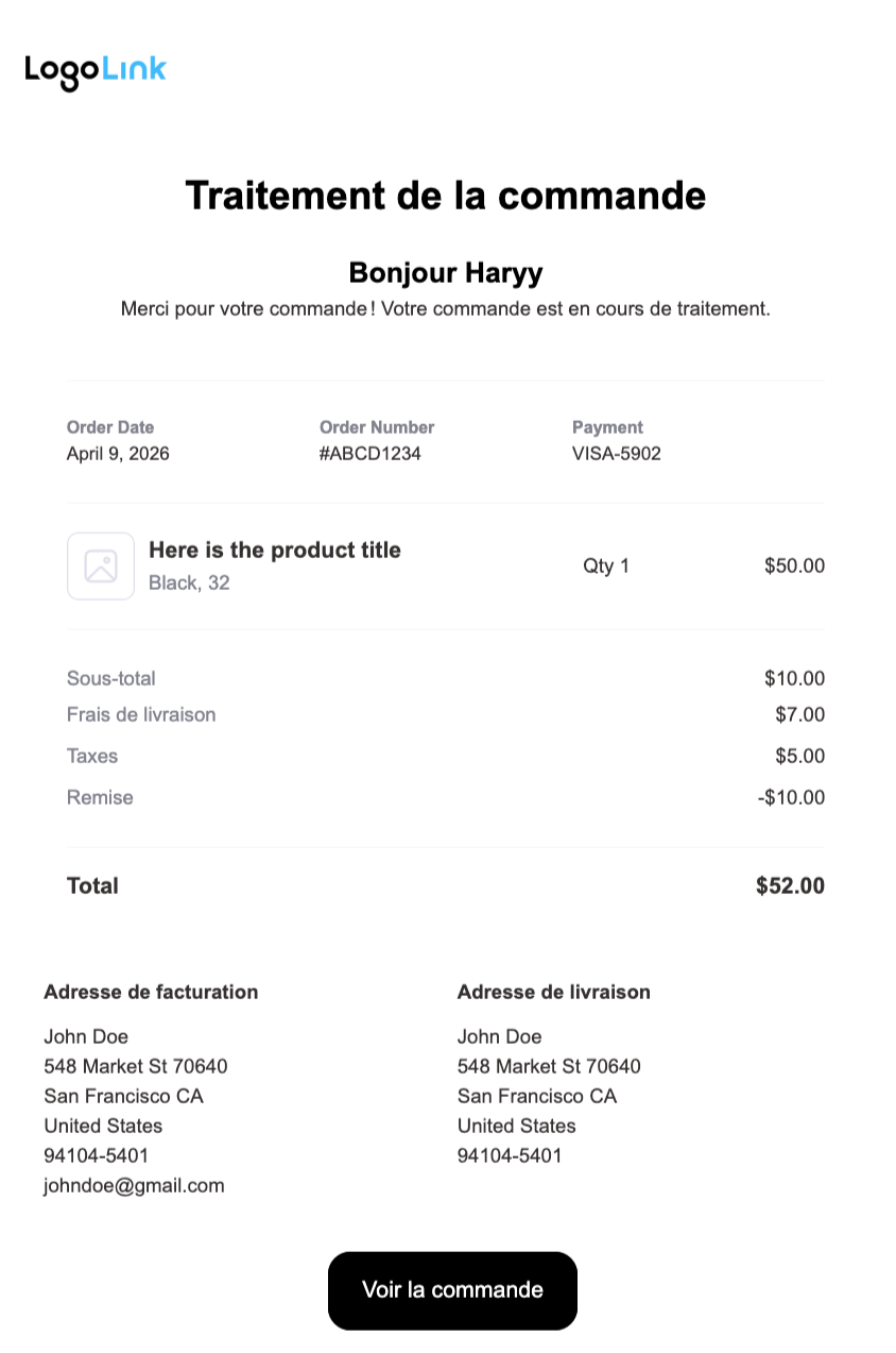 Email preview showing final multilingual transactional email output