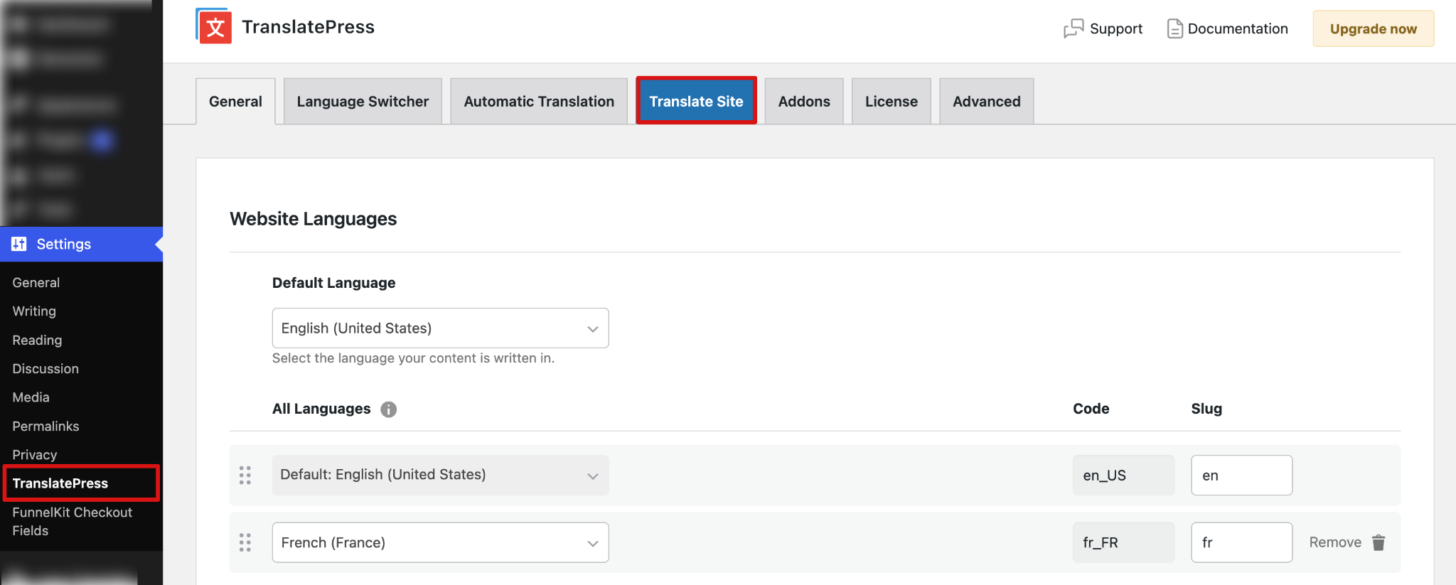 Multilingual plugin setup screen showing multiple store languages configuration
