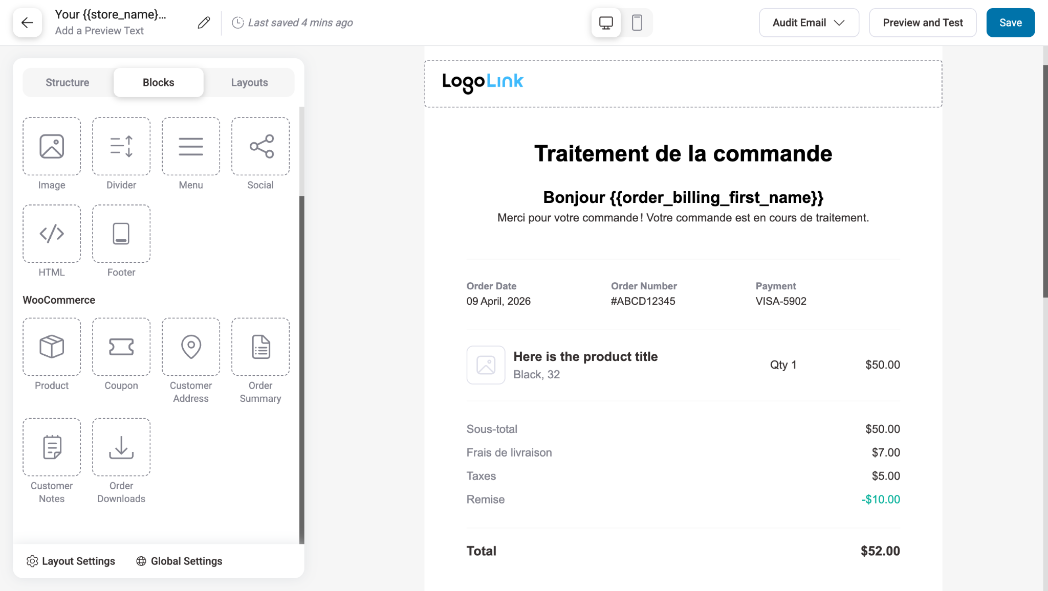 Email editor showing subject line, preview text and edit button