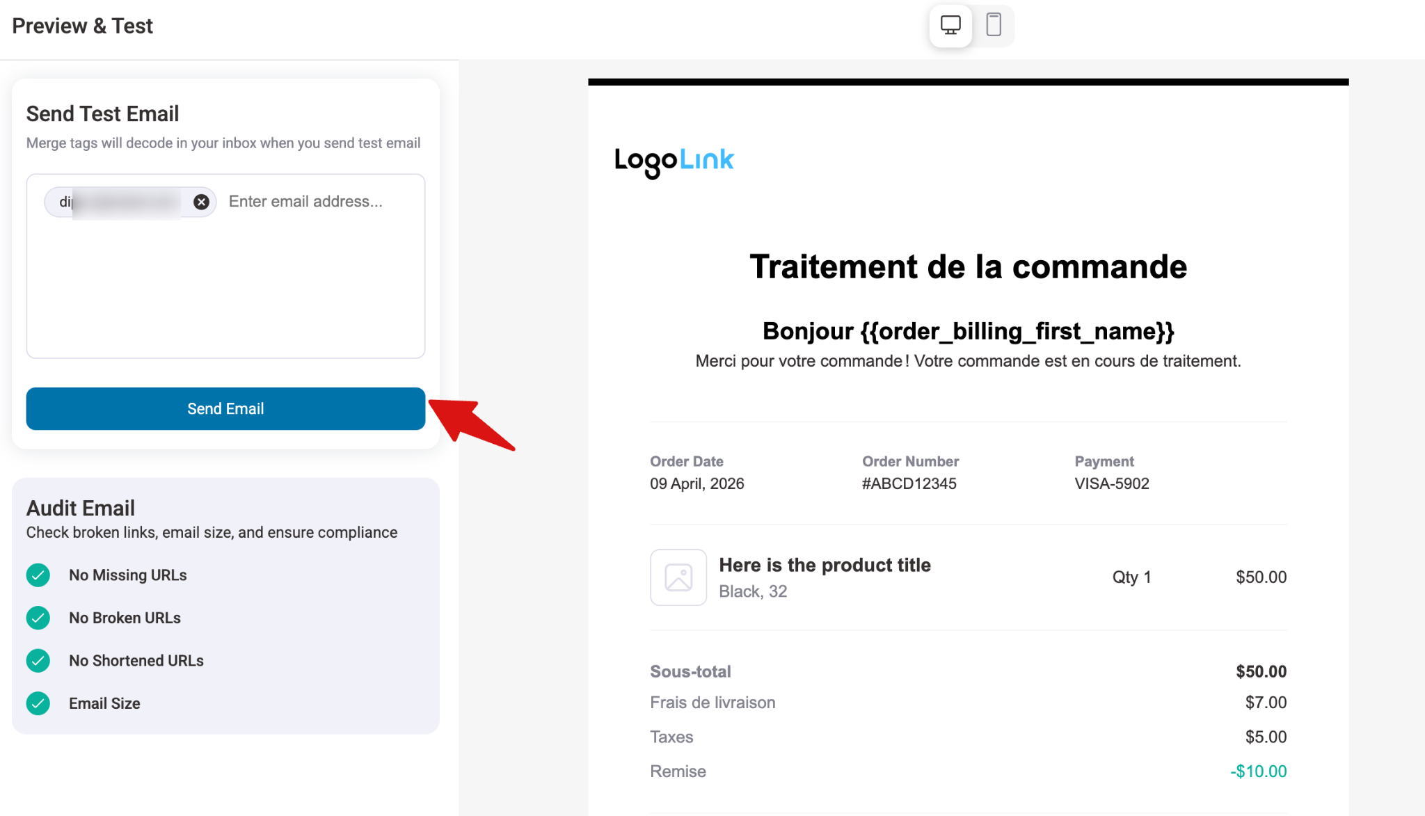 Test email screen for multilingual transactional email preview