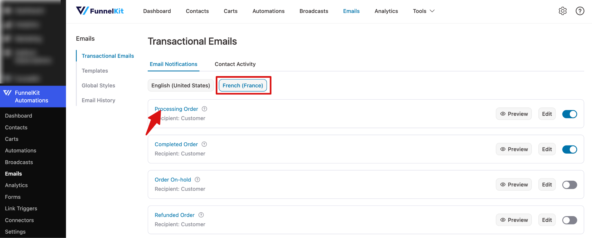 Email template list screen with clickable email for editing