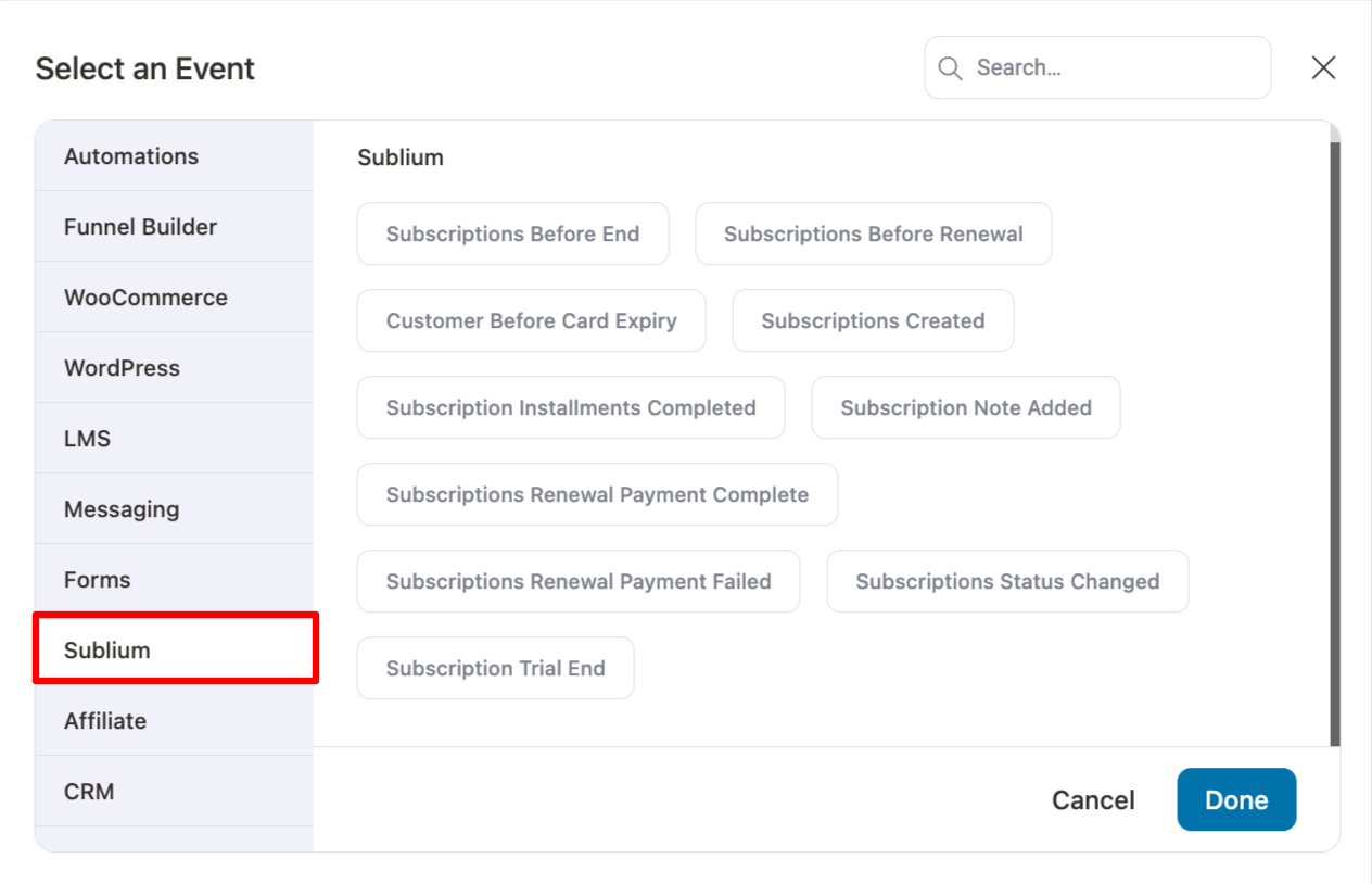 Sublium subscription instant events in FunnelKit Automations