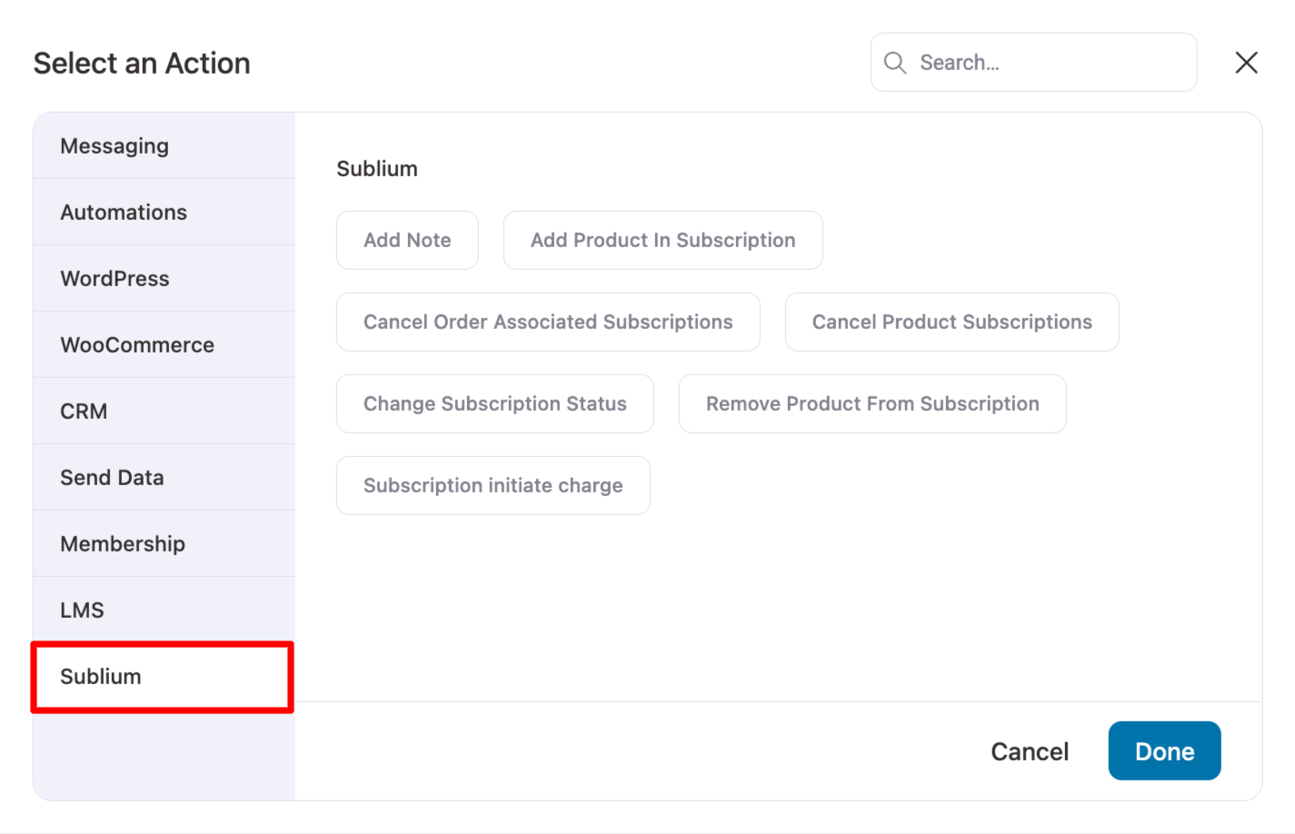 Sublium subscription actions list in FunnelKit Automations