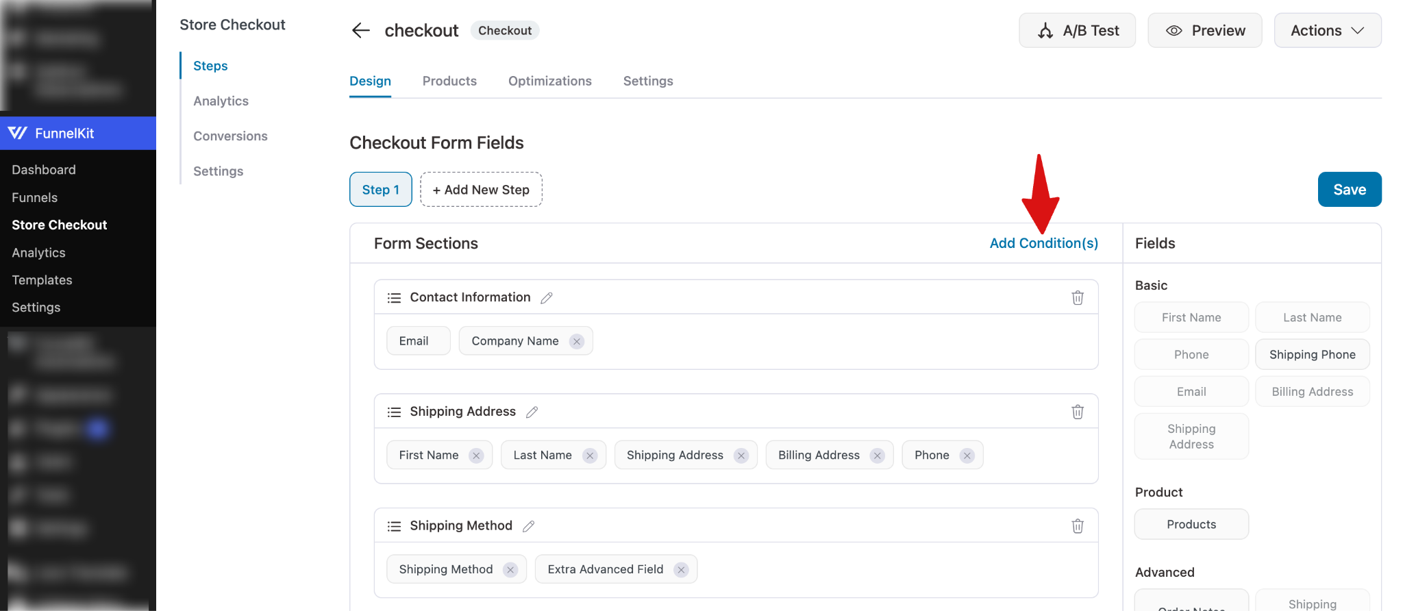 Clicking Add Condition in checkout form fields section