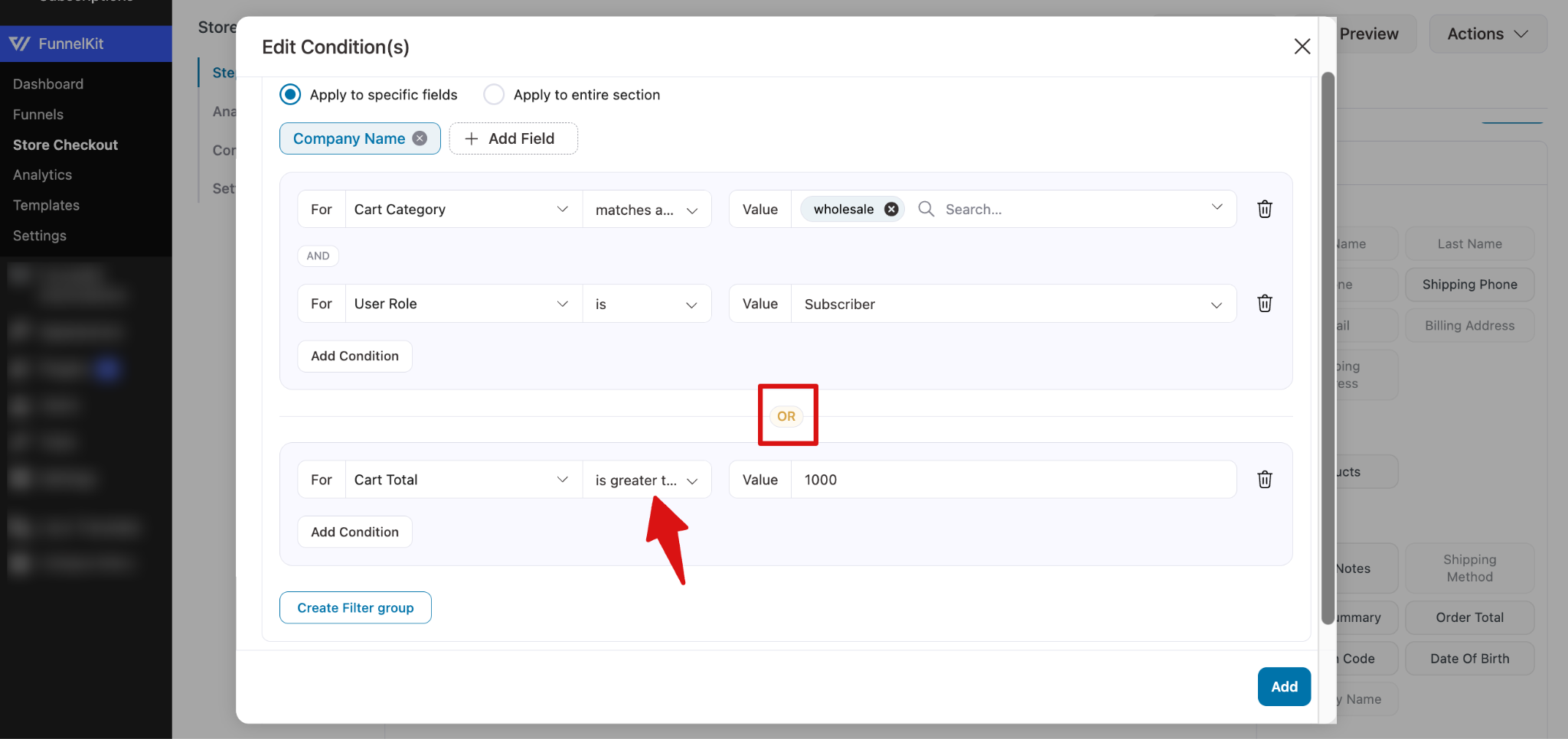 Applying OR condition such as cart total greater than 1000