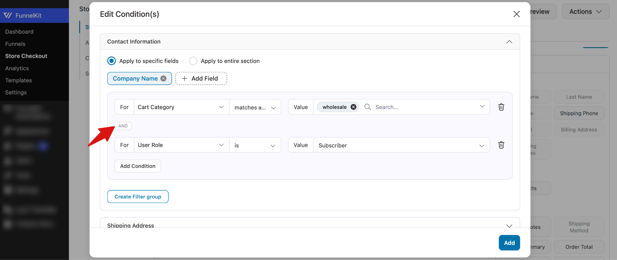 Using AND condition with multiple rules in FunnelKit