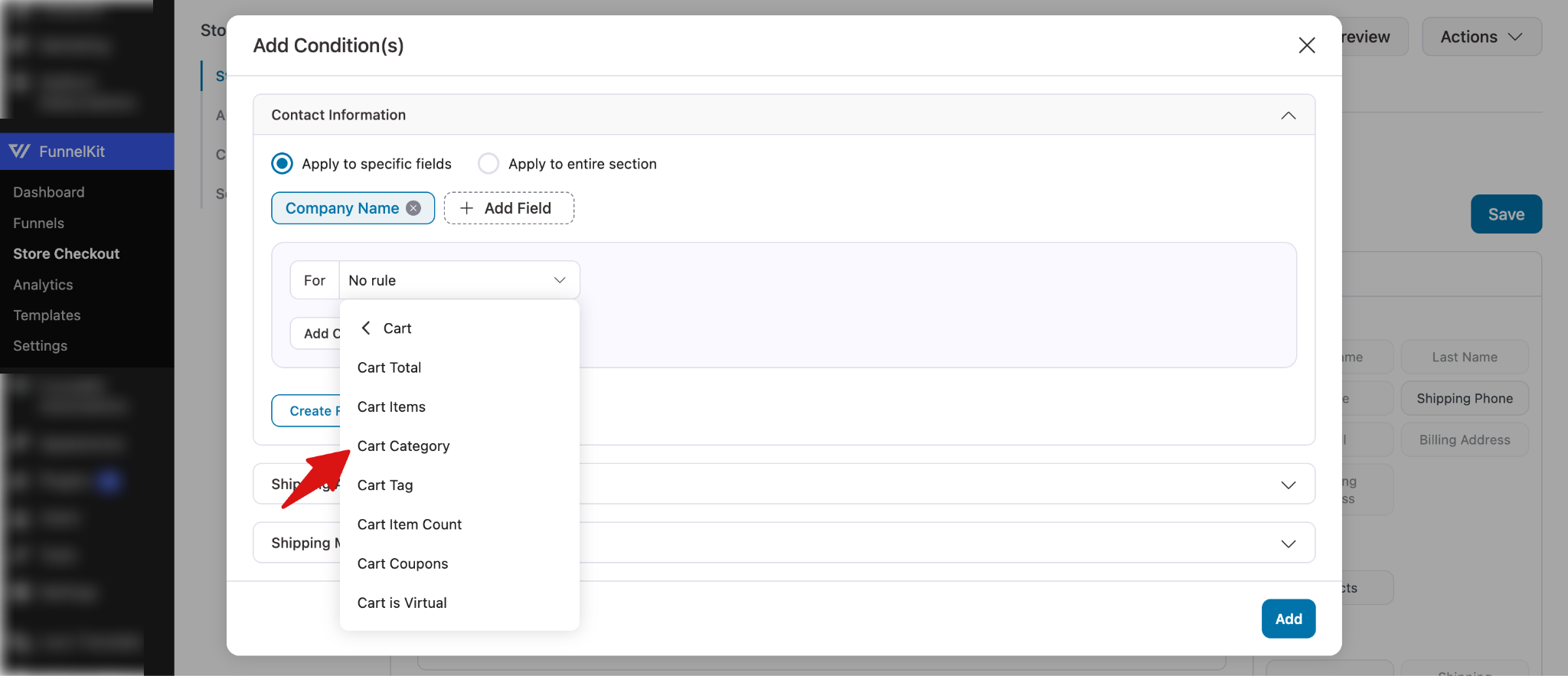 Selecting Cart Category condition in FunnelKit