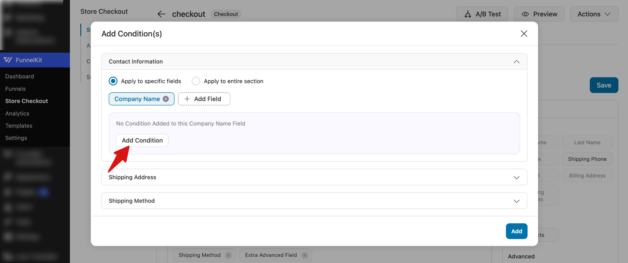 Adding a new condition in FunnelKit checkout settings