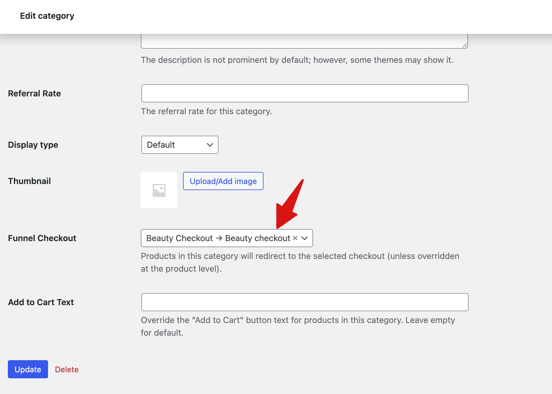 Assign checkout flow to product category in FunnelKit settings
