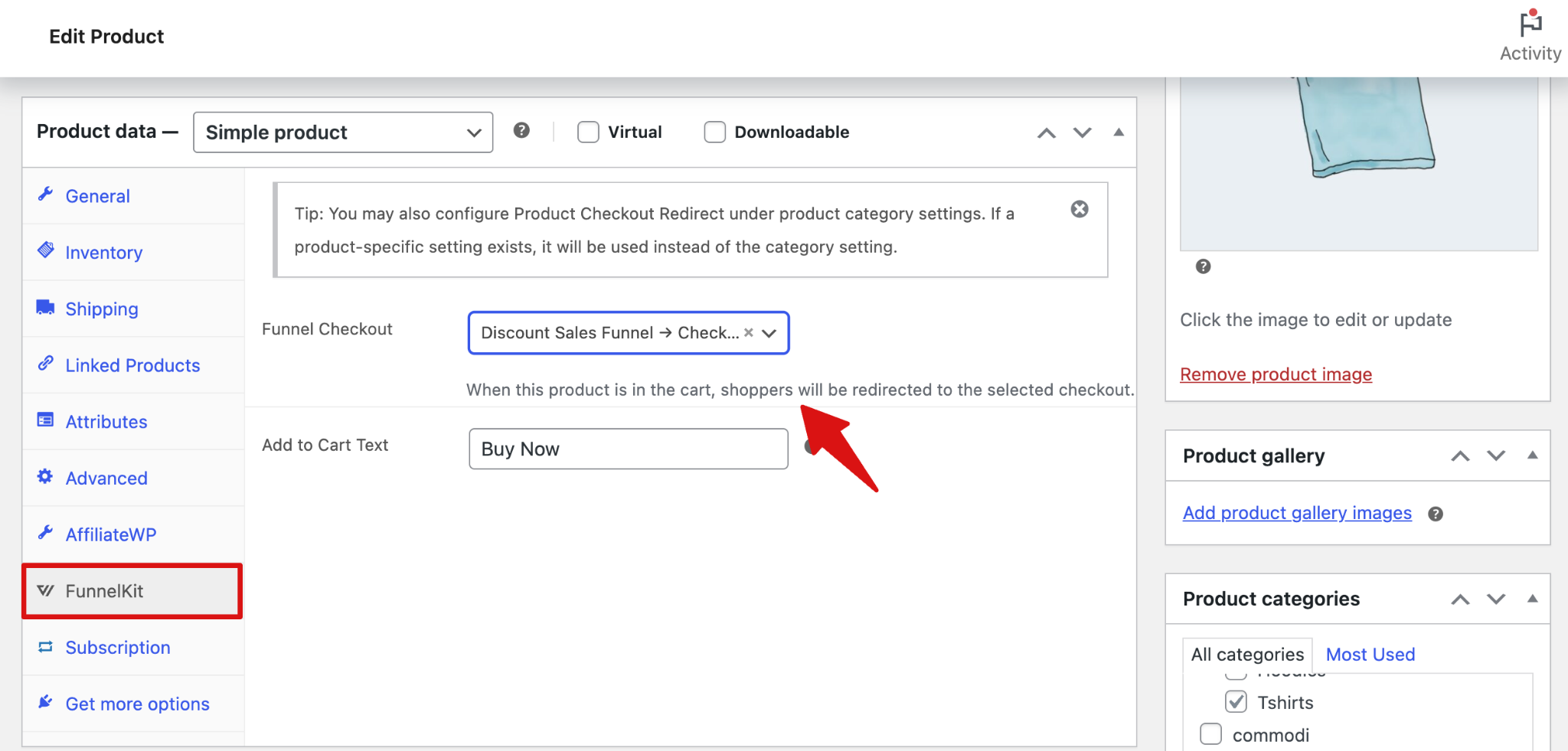 Assign FunnelKit checkout flow from product settings dropdown