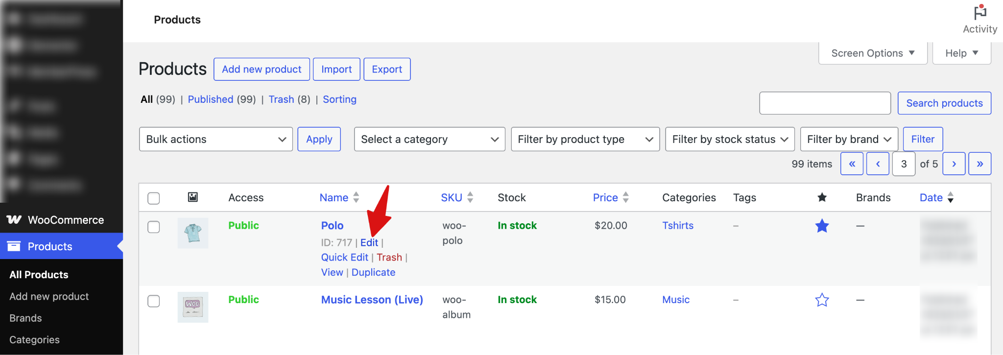 Edit WooCommerce product from Products > All Products dashboard