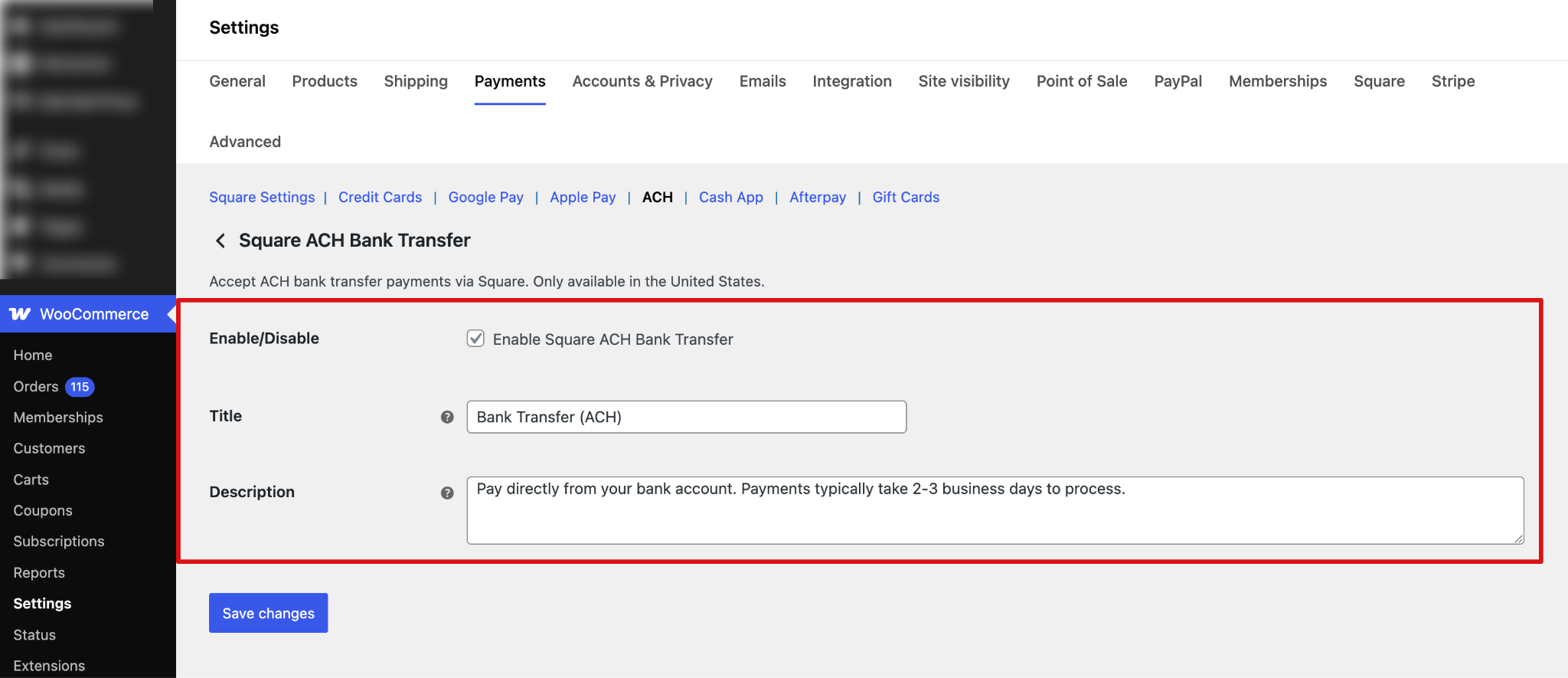 WooCommerce Square settings showing ACH tab selection