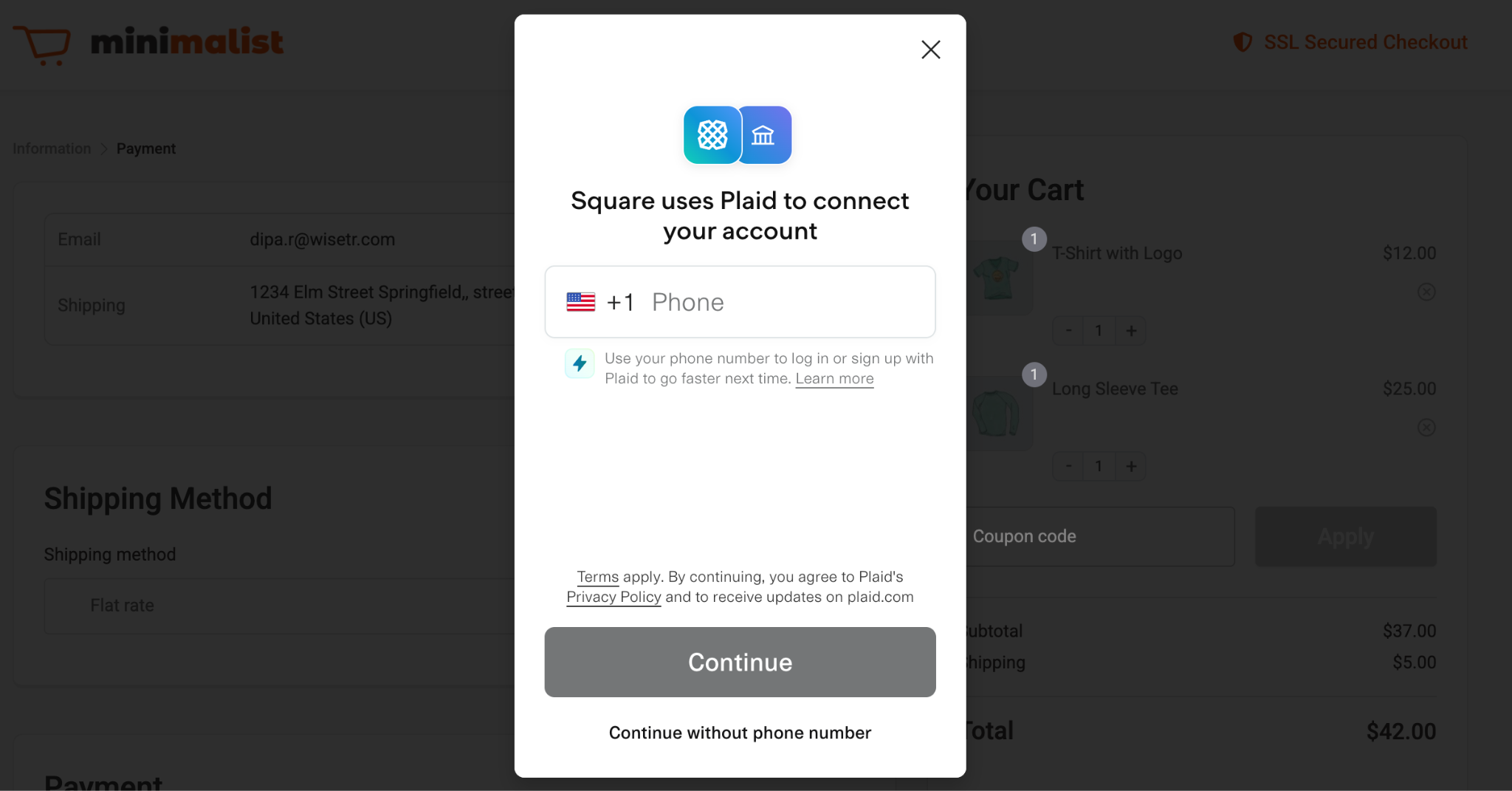 Plaid interface for connecting bank account using mobile number